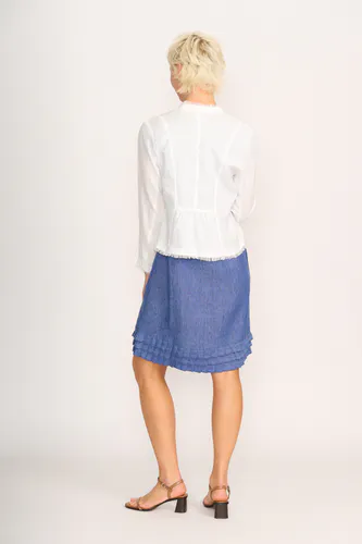 Model wearing White Fringe Festival Jacket By Foil Available at Beetees Nelson